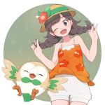  1girl ;d bangs bare_arms commentary_request cowboy_shot eyebrows_visible_through_hair eyelashes gen_7_pokemon hands_up hat hat_ribbon highres hiryoou holding holding_hair looking_at_viewer one_eye_closed open_mouth pokemon pokemon_(creature) pokemon_(game) pokemon_usum ribbon rowlet selene_(pokemon) shorts smile tongue twintails white_shorts 
