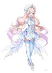  +_+ 1girl :d absurdres armband bare_shoulders blonde_hair blue_eyes center_frills corset crossed_legs dress elsword eyebrows_visible_through_hair flat_chest frills full_body gradient_hair highres long_hair looking_at_viewer low_twintails luciela_r._sourcream multicolored_hair open_mouth pointy_ears power_(lu_power) purple_hair simple_background sleeveless sleeveless_dress smile solo thigh-highs twintails two-tone_hair very_long_hair watson_cross white_background white_dress white_footwear zettai_ryouiki 