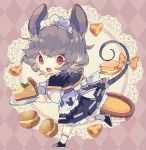  1girl alternate_costume animal_ears apron argyle argyle_background black_footwear black_skirt blush bow capelet cheese chibi commentary_request doily enmaided food full_body grey_hair grey_vest highres holding holding_plate jewelry long_sleeves macaron maid maid_headdress mouse_ears mouse_tail nazrin nikorashi-ka open_mouth pendant plate red_eyes shirt shoes short_hair skirt socks solo tail tail_bow touhou vest waist_apron white_legwear white_shirt yellow_bow 