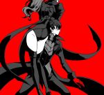  1boy 1girl amamiya_ren ass black_coat black_footwear black_hair black_leotard boots coat coattails floating_hair gloves grey_hair hand_on_hip highres igusaharu leotard long_hair long_sleeves looking_to_the_side mask persona persona_5 persona_5_the_royal ponytail red_background red_gloves standing thigh-highs thigh_boots thighs yoshizawa_kasumi 