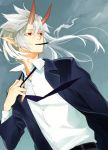  1boy absurdres blue_neckwear blue_suit cigarette formal hair_between_eyes highres horne horns long_hair male_focus necktie omagacchu oni_horns original parted_lips pointy_ears red_eyes smoke smoking solo suit teeth white_hair 