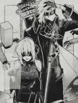  1boy 1girl antenna_hair belt blindfold chain closed_mouth floating floating_weapon gloves greatsword greyscale hair_between_eyes hair_slicked_back half_gloves honey_dogs monochrome nier_(series) nier_automata open_mouth original pod_(nier_automata) smile steam sword weapon weapon_on_back 