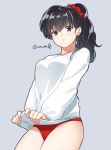  1girl bangs black_hair blue_eyes blush breasts buruma cowboy_shot from_below frown grey_background gym_shirt gym_uniform hair_ornament hair_over_shoulder hair_scrunchie highres higurashi_kagome inuyasha long_hair long_sleeves looking_at_viewer looking_down motobi_(mtb_umk) ponytail red_buruma scrunchie shirt shirt_tug simple_background solo 