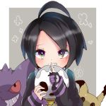  1boy ahoge allister_(pokemon) bangs black_hair blush commentary_request eyebrows_visible_through_hair finger_to_mouth gen_1_pokemon gen_7_pokemon gengar gloves gym_leader hands_up herunia_kokuoji holding holding_mask index_finger_raised long_sleeves looking_at_viewer mask mimikyu pokemon pokemon_(creature) pokemon_(game) pokemon_swsh shirt short_hair single_glove sleeves_past_wrists teeth violet_eyes 