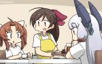  3girls ahoge alternate_costume apron brown_hair commentary_request cup dated drink drinking_straw eyebrows_visible_through_hair food hair_ornament hair_ribbon hairclip half_updo hamu_koutarou headgear highres kagerou_(kantai_collection) kantai_collection long_hair mamiya_(kantai_collection) multiple_girls murakumo_(kantai_collection) orange_eyes red_eyes remodel_(kantai_collection) ribbon shirt short_eyebrows sidelocks silver_hair sipping t-shirt table tress_ribbon twintails upper_body violet_eyes white_ribbon white_shirt yellow_apron 