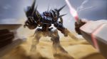  arm_cannon battle beam_saber clouds commentary commentary_request condensation_trail desert dust flying glowing glowing_eyes gouf gundam highres johnsonwaye mecha mobile_suit_gundam motion_blur no_humans original realistic red_eyes redesign rx-78-2 science_fiction shield spikes weapon zeon 