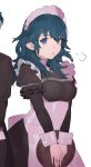  1girl absurdres blue_eyes blue_hair byleth_(fire_emblem) byleth_eisner_(female) fire_emblem fire_emblem:_three_houses highres holding long_sleeves maid maid_headdress open_mouth ryein simple_background solo upper_body white_background 