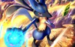  clouds commentary_request energy fur gen_4_pokemon hand_up leaves_in_wind lucario outdoors pokemon pokemon_(creature) red_eyes rowdon spikes standing toes 