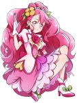  1girl closed_mouth commentary_request cure_grace dress earrings flower full_body gloves hair_flower hair_ornament hanadera_nodoka healin&#039;_good_precure highres jewelry light_smile long_hair looking_at_viewer magical_girl pink_dress pink_eyes pink_hair precure puffy_short_sleeves puffy_sleeves short_sleeves simple_background solo very_long_hair white_background white_gloves yufu_toyomimasu 