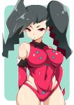  1girl arm_behind_back bangs bare_shoulders black_hair breasts commentary_request covered_navel elbow_gloves gen_8_pokemon gloves hand_on_hip large_breasts legendary_pokemon leotard long_hair mituyota_76 parted_lips personification pink_eyes pink_leotard pokemon regidrago shiny shiny_skin solo twintails two-tone_background 
