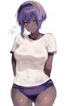  1girl alternate_costume amakaze arms_behind_back black_hairband blue_buruma blush breasts breath buruma dark_skin eyebrows_visible_through_hair fate/grand_order fate_(series) gym_shirt gym_uniform hairband hassan_of_serenity_(fate) highres large_breasts purple_hair shirt short_hair simple_background smile solo sweat violet_eyes white_background white_shirt 