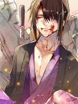  1boy black_hair blood blood_from_mouth blood_on_face closed_eyes death gintama haori highres japanese_clothes kimono rubble smile solo spoilers takasugi_shinsuke togashi_(choco-bakama_kitchen) 