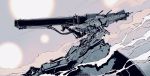  commentary from_side green_eyes grey_background gun highres holding holding_gun holding_weapon korean_commentary looking_ahead mecha no_humans no_legs original science_fiction siku199 smoke solo weapon 