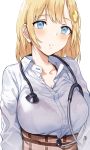  1girl bangs blonde_hair blue_eyes blush breasts brown_skirt collarbone collared_shirt dress_shirt hair_ornament hews highres hololive hololive_english large_breasts looking_at_viewer parted_lips shirt simple_background skirt stethoscope virtual_youtuber watson_amelia white_shirt 