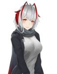  1girl absurdres ahoge antennae arknights bangs black_jacket blush breasts commentary grey_scarf grey_shirt highres horns jacket large_breasts long_sleeves looking_at_viewer orange_eyes qiye_luoying scarf shirt short_hair silver_hair simple_background smile solo upper_body w_(arknights) white_background 