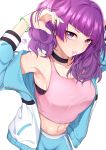  1girl absurdres armpits blush choker commentary_request eyebrows_visible_through_hair highres idolmaster idolmaster_shiny_colors looking_at_viewer nello_kun purple_hair simple_background solo sweat tanaka_mamimi tank_top violet_eyes white_background 
