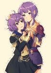  2girls age_progression ahoge armor bernadetta_von_varley dotted_line dual_persona fire_emblem fire_emblem:_three_houses garreg_mach_monastery_uniform hand_on_another&#039;s_head head_to_head highres interlocked_fingers looking_at_another looking_at_viewer looking_to_the_side looking_up messy_hair multiple_girls nervous open_mouth outline purple_hair short_hair shorts_under_dress shoulder_armor sidelocks simple_background spaulders t_amayuki_b tan_background violet_eyes 
