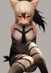  1girl aardwolf_(kemono_friends) aardwolf_ears aardwolf_print absurdres bangs bare_shoulders black_hair black_neckwear black_shorts commentary_request deku_suke elbow_gloves eyebrows_visible_through_hair gloves grey_background hair_between_eyes highres kemono_friends legwear_under_shorts long_hair looking_at_viewer multicolored_hair necktie open_mouth pantyhose ponytail print_gloves print_legwear print_shirt red_eyes shirt short_shorts shorts simple_background sitting sleeveless sleeveless_shirt solo tearing_up two-tone_hair white_hair 