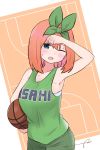  1girl ;d arm_up armpits bangs bare_arms bare_shoulders basketball basketball_court basketball_jersey basketball_uniform blue_eyes blush breasts brown_background carrying_under_arm collarbone commentary_request eyebrows_behind_hair go-toubun_no_hanayome green_ribbon green_shorts hair_between_eyes hair_ribbon highres kujou_karasuma looking_at_viewer medium_breasts nakano_yotsuba one_eye_closed open_mouth orange_hair ribbon shorts signature smile solo sportswear sweat two-tone_background white_background wiping_forehead wiping_sweat 