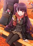  1girl arm_support autumn_leaves bangs bench black_coat black_legwear blush brown_skirt coat eyebrows_visible_through_hair feet_out_of_frame food food_on_face girls_frontline grey_vest highres holding holding_food long_hair long_sleeves looking_at_viewer nose_blush on_bench one_side_up open_clothes open_coat open_mouth pantyhose park_bench plaid plaid_skirt pleated_skirt purple_hair red_eyes red_scarf sansei_rain scarf shirt sitting sitting_on_bench skirt sleeves_past_wrists solo taiyaki very_long_hair vest wa2000_(girls_frontline) wagashi wavy_mouth white_shirt 