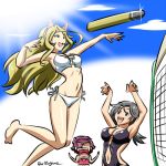  3girls :d animal_ears bikini black_swimsuit blonde_hair blue_sky breasts cat_ears clothing_cutout clouds cloudy_sky commentary day eyepatch fake_animal_ears food freckles fruit girls_und_panzer grey_hair hairband jaw_drop jumping kogane_(staygold) long_hair looking_at_another lowres medium_breasts momogaa_(girls_und_panzer) multiple_girls navel navel_cutout nekonyaa_(girls_und_panzer) no_eyewear open_mouth outdoors peach pink_bikini pink_hairband piyotan_(girls_und_panzer) ponytail redhead shaded_face side-tie_bikini sky smile sparkle spiking standing strapless strapless_bikini swimsuit tank_shell twitter_username volleyball_net white_bikini 