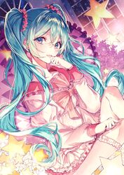  1girl :d absurdres bangs blue_eyes blue_hair dutch_angle eyebrows_visible_through_hair floating_hair ggatip hair_between_eyes hair_ornament hair_scrunchie hatsune_miku highres kneehighs layered_skirt long_hair long_sleeves looking_at_viewer lots_of_laugh_(vocaloid) miniskirt open_mouth pink_scrunchie red_sailor_collar sailor_collar sailor_shirt scrunchie shiny shiny_hair shirt sitting skirt smile solo twintails very_long_hair vocaloid white_legwear white_skirt 