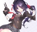  1girl adapted_turret ariake_(kantai_collection) bangs beret black_gloves black_hair black_headwear black_jacket blazer cannon collared_shirt commentary_request cowboy_shot fingerless_gloves gloves gradient_hair grey_skirt hair_over_one_eye hat jacket kantai_collection long_hair long_sleeves looking_at_viewer low_ponytail multicolored_hair necktie pleated_skirt red_neckwear sasaki_mutsumi shirt skirt solo turret violet_eyes white_shirt 