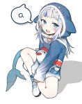  1girl :d bangs bloop_(gawr_gura) blue_eyes blue_hair blue_hoodie buttoniris child commentary english_text full_body gawr_gura highres hololive hololive_english hood indian_style long_hair long_sleeves looking_at_viewer multicolored_hair open_mouth shark_costume shark_hood shark_tail sharp_teeth shoes silver_hair simple_background sitting sleeves_past_wrists smile speech_bubble streaked_hair stuffed_animal stuffed_toy tail teeth virtual_youtuber white_background white_footwear 