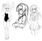  1girl animal_ears breasts bunnysuit closed_mouth commentary fake_animal_ears girls_und_panzer hairband high_heels highres kotoyama long_hair looking_at_viewer monochrome no_bra ooarai_school_uniform open_mouth pleated_skirt rabbit_ears reizei_mako school_uniform simple_background sketch skirt small_breasts smile solo standing sweatdrop white_background 