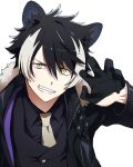  1boy animal_ears black_gloves black_hair black_shirt black_vest claw_pose collared_shirt commentary_request fur_trim gloves grin highres holostars jackal_ears kageyama_shien long_sleeves looking_at_viewer male_focus multicolored_hair necktie purple_scarf scarf sharp_teeth shirt short_hair simple_background smile solo streaked_hair teeth upper_body vest virtual_youtuber white_background white_hair yellow_eyes yufu_toyomimasu 