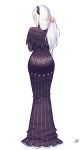  1girl absurdres ass bangs black_dress blush butterfly_hair_ornament closed_eyes closed_mouth dress echidna_(re:zero) from_behind full_body hair_lift hair_ornament hand_up highres holding holding_hair konishi_(565112307) long_dress long_hair long_sleeves looking_back re:zero_kara_hajimeru_isekai_seikatsu sidelocks simple_background smile solo standing very_long_hair white_background white_hair 