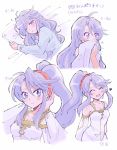  1girl closed_eyes fire_emblem fire_emblem:_genealogy_of_the_holy_war highres long_hair looking_at_viewer looking_up messy_hair multiple_views one_eye_closed purple_hair tailtiu_(fire_emblem) terra_(hoshigokure) waking_up wiping_face 