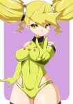  1girl bangs bare_shoulders black_legwear blonde_hair blush_stickers breasts closed_mouth commentary_request covered_navel gen_8_pokemon green_eyes green_leotard hair_tie hand_up legendary_pokemon leotard mituyota_76 personification pokemon regieleki shiny shiny_skin solo thigh-highs tied_hair twintails two-tone_background v 