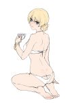  1girl ass ass_cutout back ban!_(bansankan) bangle bangs bikini blonde_hair blue_eyes bracelet braid butt_crack clothing_cutout commentary_request cup darjeeling_(girls_und_panzer) dimples_of_venus feet from_behind full_body girls_und_panzer hair_between_eyes halterneck holding holding_cup jewelry looking_at_viewer looking_back seiza short_hair sitting smile solo strap_gap swimsuit teacup toes white_background white_bikini 