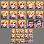  1girl 2boys angry black_hair blonde_hair brown_eyes crossover eyebrows_visible_through_hair eyepatch glasses idolmaster idolmaster_cinderella_girls kiryuu_kazuma kiryuu_tsukasa_(idolmaster) majima_gorou multiple_boys multiple_views namesake one_eye_covered pixel_art rm ryuu_ga_gotoku smile surprised violet_eyes wide-eyed 