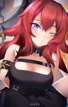  1girl arknights armband bangs bare_shoulders belt black_belt blush breasts character_name commentary hair_between_eyes highres horns long_hair looking_at_viewer medium_breasts one_eye_closed redhead solo surtr_(arknights) upper_body violet_eyes wakamepiza 