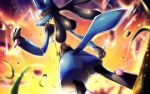  arm_at_side blurry blurry_background closed_mouth commentary_request from_below fur gen_4_pokemon glowing hand_up legs_apart looking_at_viewer looking_back lucario pink_eyes pokemon pokemon_(creature) rock rowdon standing 