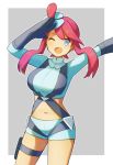  1girl arms_up bangs blue_eyes blue_shorts blush breasts commentary crop_top eyelashes gloves gym_leader hair_ornament highres holster navel open_mouth peppedayo_ne pink_hair pokemon pokemon_(game) pokemon_bw salute short_shorts shorts sidelocks skyla_(pokemon) smile solo two-tone_background 