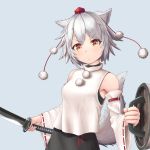  1girl animal_ears bangs black_skirt blue_background blush breasts closed_mouth detached_sleeves dutch_angle hat head_tilt highres holding holding_shield holding_sword holding_weapon inubashiri_momiji katana medium_breasts orange_eyes parted_bangs pom_pom_(clothes) rancha shield short_hair silver_hair simple_background skirt sleeveless sleeveless_turtleneck sword tail tokin_hat touhou turtleneck upper_body v-shaped_eyebrows weapon wolf_ears wolf_tail 
