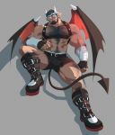  1boy abs absurdres bara bare_chest beard black_hair bulge chest chest_hair demon_boy demon_horns demon_tail demon_wings dolphin_shorts facial_hair full_body highres horns leg_hair male_focus manly monster_boy muscle navel navel_hair nipples pointy_ears rollingstonex6 shoes short_hair solo tail thick_thighs thighs wings 