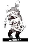  1girl :d ankle_boots blush boots english_text feet_out_of_frame girls_frontline greyscale hat holding instrument meme monochrome open_mouth photo-referenced pleated_skirt plume simple_background skirt smile solo spas-12_(girls_frontline) ssambatea standing thigh-highs tuba white_background 
