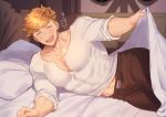  1boy :d abs bara bed_sheet blonde_hair blush brown_pants chest cleavage_cutout closed_eyes clothing_cutout come_hither granblue_fantasy higashigunkan lifting_covers looking_at_viewer male_focus midriff_peek muscle open_mouth pants pillow shirt short_hair smile solo translation_request vane_(granblue_fantasy) white_shirt 