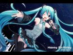  1girl aqua_eyes aqua_hair aqua_nails aqua_neckwear bare_shoulders black_legwear black_skirt black_sleeves blush boots cable commentary cowboy_shot dated detached_sleeves dutch_angle grey_shirt hair_ornament happy_birthday hatsune_miku headphones headset holding holding_microphone leg_up long_hair looking_at_viewer microphone miniskirt nail_polish necktie night one_eye_closed open_mouth outstretched_arm piano_keys pleated_skirt shirt skirt sky sleeveless sleeveless_shirt smile solo star_(sky) starry_sky sudachi_(calendar) thigh-highs thigh_boots twintails very_long_hair vocaloid zettai_ryouiki 
