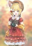  1girl absurdres animal_ears autumn bangs blonde_hair blunt_bangs blurry blurry_background camera choker dog_ears dress erune eyebrows_visible_through_hair granblue_fantasy highres hyouta_(yoneya) jacket open_clothes open_jacket open_mouth short_hair solo vajra_(granblue_fantasy) yellow_eyes 