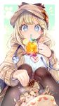  1girl animal bangs black_legwear blonde_hair blue_eyes blush breasts commentary_request cup deerstalker detective dog drinking_glass drinking_straw food fork from_below fruit hair_ornament hat highres holding holding_cup hololive hololive_english kamiya_zuzu large_breasts lemon lemon_slice long_hair long_sleeves looking_at_viewer mustache_print necktie noodles shirt sitting smile solo stethoscope virtual_youtuber watson_amelia 
