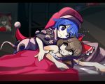  2girls bangs bed bedroom black_capelet blanket blue_hair bow box breasts brown_eyes brown_hair capelet closed_mouth commentary detached_sleeves donation_box doremy_sweet dress english_commentary eyebrows_visible_through_hair eyes_visible_through_hair frilled_bow frills hair_bow hakama hakurei_reimu hat japanese_clothes kaliningradg leaning_forward looking_at_another looking_to_the_side lying medium_breasts medium_hair multicolored multicolored_clothes multicolored_dress multiple_girls nightcap nightgown nontraditional_miko on_side parody picture_frame pillow pom_pom_(clothes) power-up red_bow red_hakama red_headwear room sendai_hakurei_no_miko short_hair sleepwear tail tapir_tail the_simpsons touhou v-shaped_eyebrows violet_eyes yin_yang 