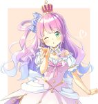  1girl absurdres blown_kiss blush candy_hair_ornament commentary_request crown dress earrings food_themed_hair_ornament hair_ornament hair_rings heterochromia highres himemori_luna hololive jewelry looking_at_viewer one_eye_closed open_mouth pink_hair simple_background solo virtual_youtuber 