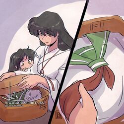  2girls basket black_hair han&#039;you_no_yashahime higurashi_kagome inuyasha japanese_clothes kimono lennys long_hair moroha mother_and_daughter multiple_girls school_uniform yellow_eyes younger 