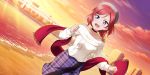  1girl alternate_costume alternate_hairstyle artist_request bare_shoulders beach beret blush braid building choker clouds cloudy_sky collarbone dutch_angle gradient_sky hat highres looking_at_viewer love_live! love_live!_school_idol_festival_all_stars love_live!_school_idol_project nishikino_maki ocean off_shoulder official_art open_mouth orange_sky outdoors plaid plaid_skirt redhead ribbon short_hair skirt sky solo sunset sweater violet_eyes water 