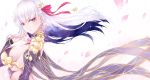  1girl a9_(repainter) breasts detached_sleeves earrings fate/grand_order fate_(series) hair_ribbon highres jewelry kama_(fate/grand_order) large_breasts long_hair petals red_eyes ribbon silver_hair 